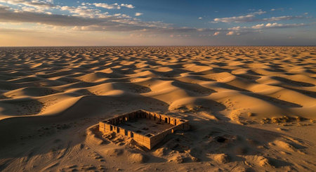 Aerial view of ancient square ruins in vast desert landscape with sand dunes and blue sky at sunset.の写真素材
