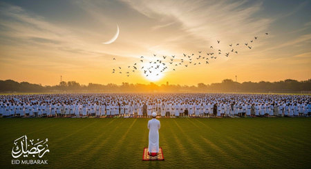Large crowd of people in white attire praying on green grass at sunset with crescent moonの写真素材
