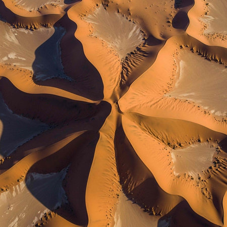 Orange sand dunes with shadows cast a striking pattern in this aerial desert landscape viewの写真素材