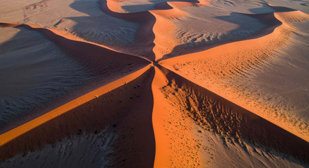 Expansive desert landscape with vibrant orange sand dunes and intersecting shadows at golden hour.の写真素材