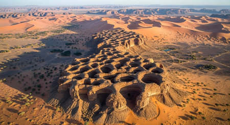 An expansive desert scene featuring distinctive rock formations and rolling sandy dunes under a...