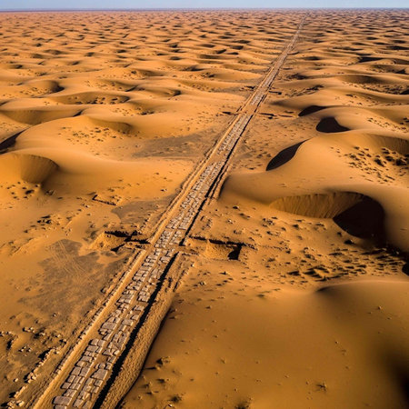 Desert landscape with train tracks running through sandy dunes under clear sky