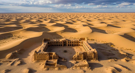 Aerial view of abandoned desert structure surrounded by vast sandy dunes under a cloudy blue skyの写真素材