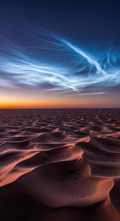Serene desert scene with rolling sand dunes under a vibrant sunset and starry night sky with wispy clouds.の写真素材