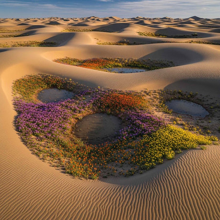 Aerial view of desert landscape with sand dunes, vibrant wildflowers, and small water pools under a blue skyの写真素材