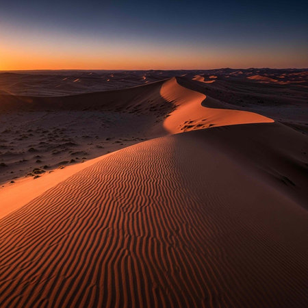 A serene desert scene featuring sand dunes with intricate patterns at sunset, with a vibrant orange...