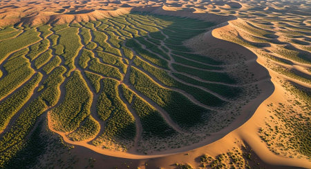 Aerial view of desert dunes.