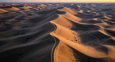 A winding road cuts through vast desert sand dunes under a clear sky at sunset.
