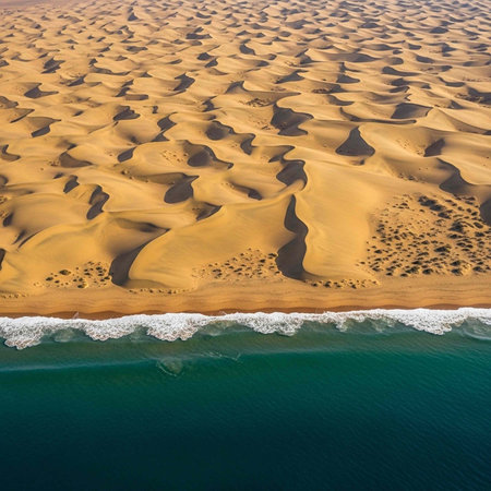 Vast desert sand dunes stretch to ocean's edge, where waves crash on shore in contrasting blue waterの写真素材