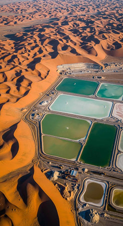 Vibrant green and blue saltwater lakes surrounded by orange sand dunes in a desert environmentの写真素材