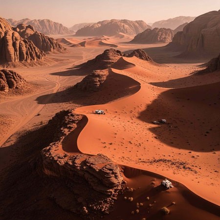 Aerial view of desert with rocky formations, sandy dunes, and sparse vegetation under a clear sky