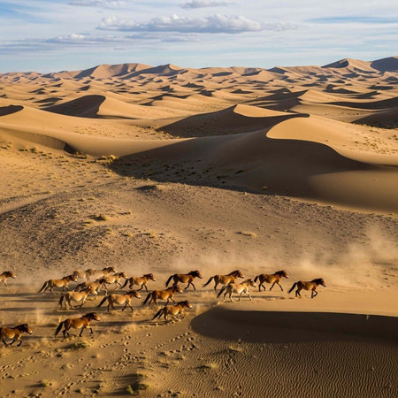 A herd of horses runs through a vast desert with sand dunes and sparse vegetation under a cloudy...