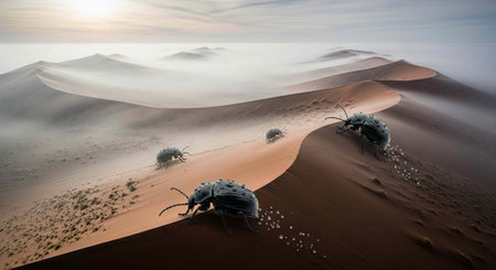 A surreal desert scene with alien creatures, sand dunes, and a misty atmosphere at sunset.