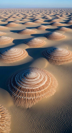 Aerial view of numerous striped sandy mounds in a desert landscape with clear blue sky