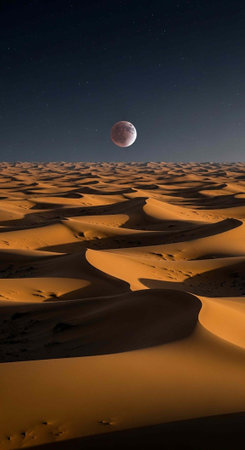 A serene desert scene with vast sandy dunes under a starry night sky and a glowing moon.