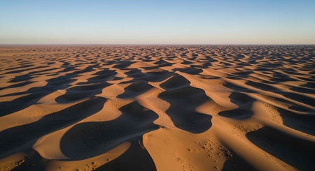 Aerial view of vast desert with intricate sand dune patterns and clear blue sky in the backgroundの写真素材
