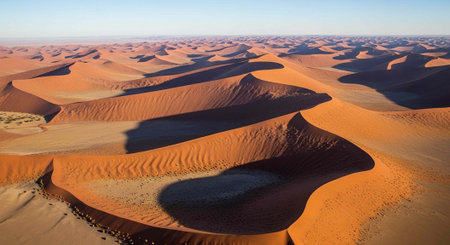 Expansive desert scene with rolling orange sand dunes and shadows under clear blue skyの写真素材
