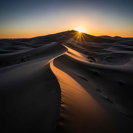 Serene desert scene with rolling sand dunes illuminated by warm sunset light and clear blue orange...