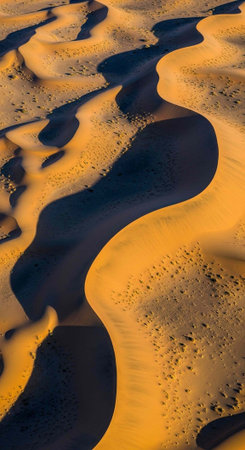An aerial perspective of sand dunes with golden light and dark shadows in a desert environment.