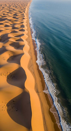 Aerial perspective of a serene beach with golden sand dunes and blue ocean waves gently lapping at the shore.の写真素材