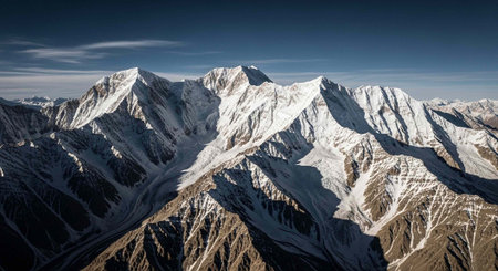 Aerial view of rugged snow-covered mountains with brown rocky terrain and clear blue sky