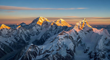 Aerial view of rugged snow-covered mountains illuminated by golden sunrise light against a blue and...