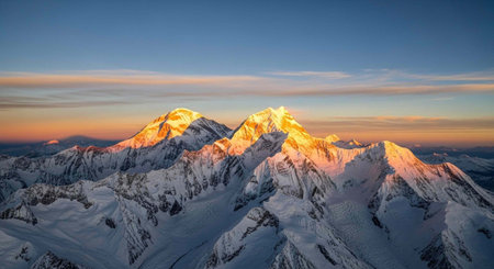 Majestic snow-covered mountains illuminated by golden sunrise light against a serene blue and orange...