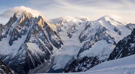 A majestic snow-covered mountain range with rugged peaks, clouds, and a serene blue sky in the...