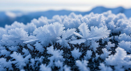 A serene winter scene featuring snow-covered plants with intricate frost patterns and distant mountains under a cloudy sky.の写真素材
