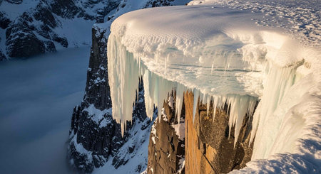 A rugged cliffside with icicles and snow, overlooking a valley with snow-covered mountains in the...