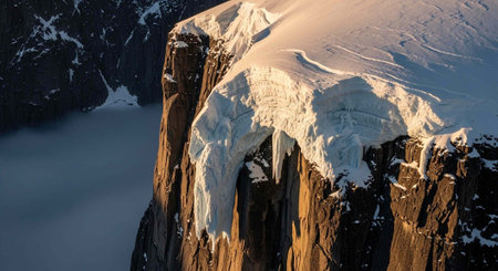 Aerial view of a rugged snow-covered mountain cliff with rocky terrain and foggy valley below