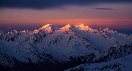 Majestic snow-covered mountains under a breathtaking sunset with warm orange and purple hues in the...