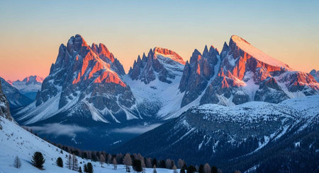 Majestic snow-covered mountains with jagged peaks illuminated by sunset, surrounded by trees and a foggy valley.の写真素材