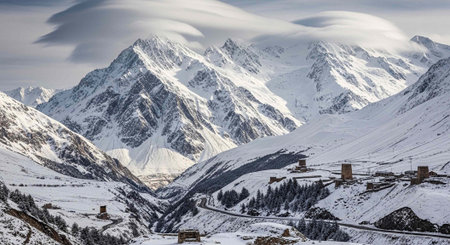 A small village nestled among snow-covered mountains, trees, and roads under a cloudy sky.