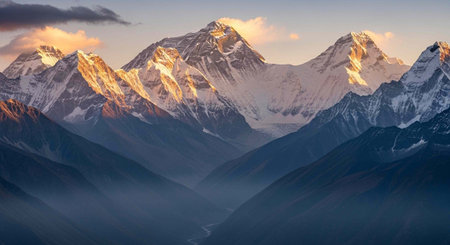 Majestic snow-capped mountains illuminated by golden sunrise light with clouds and misty valleys belowの写真素材