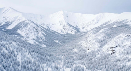 Aerial view of snow-covered mountains and trees in a serene winter landscape
