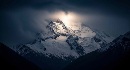Snow-covered mountain peak with sunlight shining through clouds, creating a dramatic landscape with...