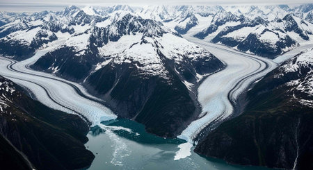 Snow-capped mountains, glacial river, and serene lake in a breathtaking natural landscape.の写真素材