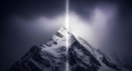 Majestic snow-covered mountain peak with a bright light beam piercing through dark clouds