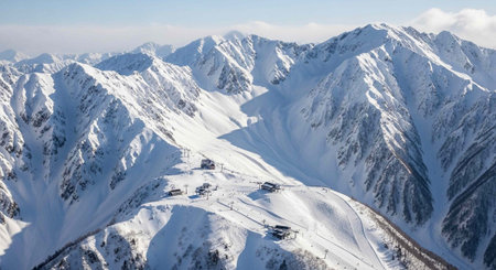 Winter mountains panorama with ski lifts and snowcapped peaks.