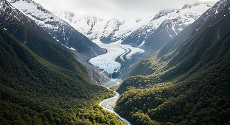 Natural landscape of New Zealand alps and lake with snow and iceの写真素材