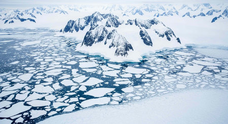 Ice hummocks on the surface of the ocean in Antarctica.
