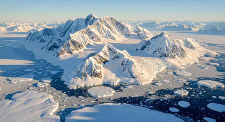 Aerial view of the snow-capped mountains in Antarctica.