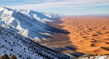 Sand dunes in a desert landscape with mountains in the background.の写真素材