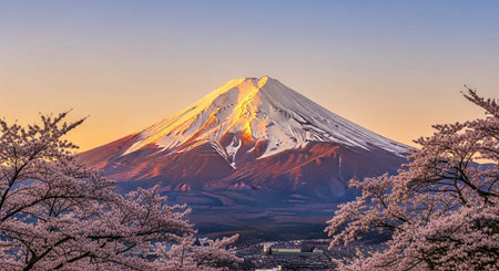 Mt Fuji and cherry blossoms at dawn in spring, Japanの写真素材
