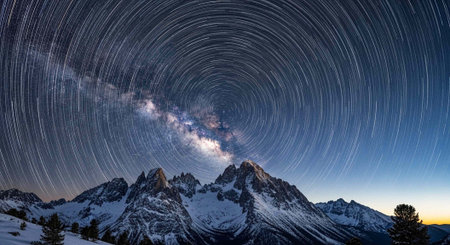 Breathtaking landscape of snow-covered mountains under a starry night sky with the Milky Way and...