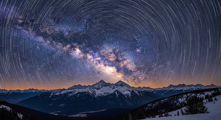 Breathtaking panoramic view of snow-capped mountains under a vibrant starry night sky with the Milky...