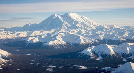 Aerial view of a vast snowy mountain range with a prominent peak, serene blue sky, and scattered...