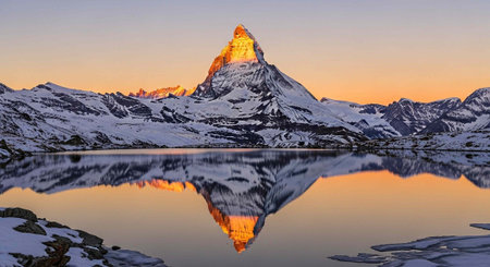 Serene landscape of snow-capped mountains, calm lake, and vibrant sunset colors reflected in water.の写真素材