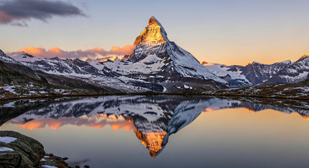 Serene landscape of snow-capped mountains, calm lake, and vibrant sunset colors reflected in water.の写真素材